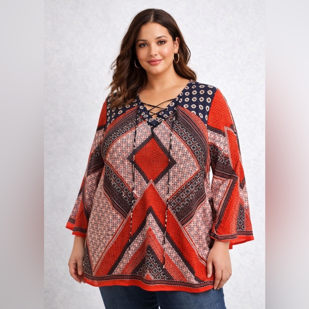 Anthro Fig & Flower Boho Print Bell Sleeve Tunic Top Size 3X